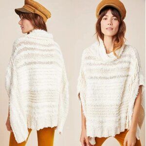 Anthropologie Ivory Marilyn Turtleneck Fringe Knit Poncho Sweater